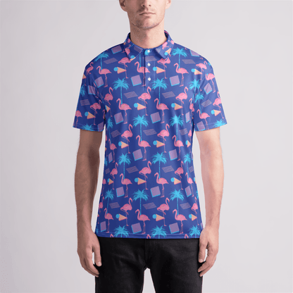 Retro Flamingo Blue Men's Polo Shirt