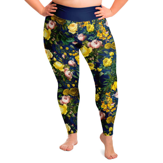 Yellow Roses Floral Plus Size Leggings for Women